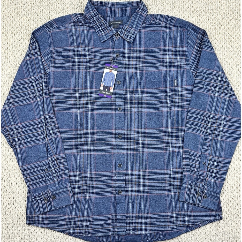 NEW Eddie Bauer Bristol Flannel Mens 2XL Chambray Blue Plaid Long Sleeve Button